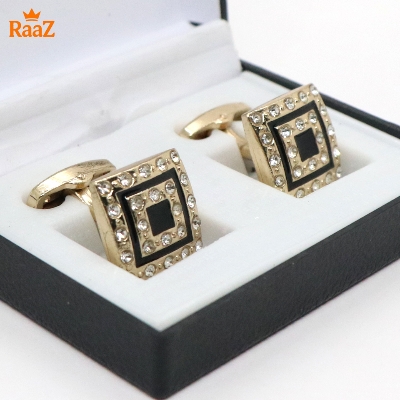 Picture of Golden Black Square Shape Emerald Spark Classic Cufflink For Men