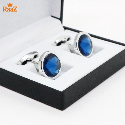 Picture of Silver Blue Ruby Center Round Frame Cufflink For Men
