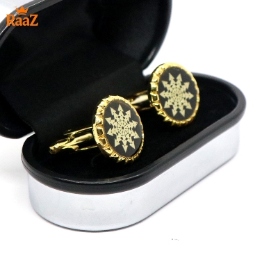 Picture of Golden Black Premium Ruby Center Round Frame Cufflink For Men