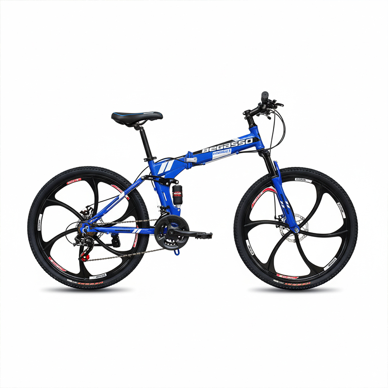 Picture of Begasso Folding Bicycle | 26 Inch | Alloy Wheel | 6 Nives | Double Suspension | Shimano Gear & Brake | Double Disk Brake | Blue color.