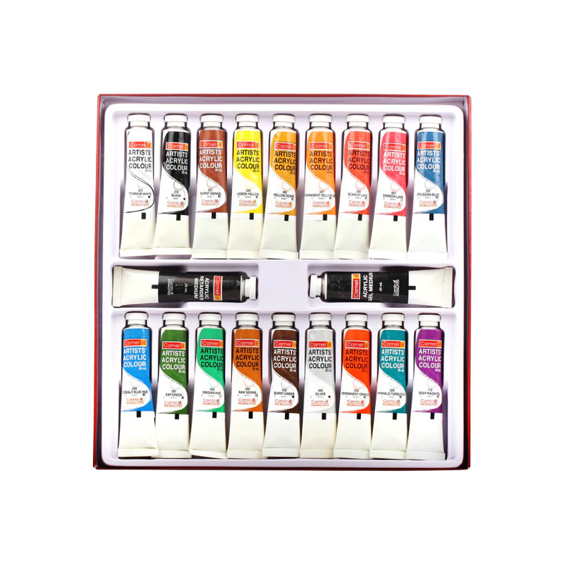 Picture of Camel 18 Artists Acrylic Color Box, 20ML tube pain Set with 1 free Gel Medium & 1 Retarder Medium