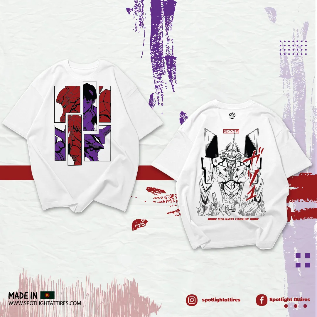 Picture of Neon Genesis Evangelion Drop Shoulder Cotton Screen Printed T-Shirt