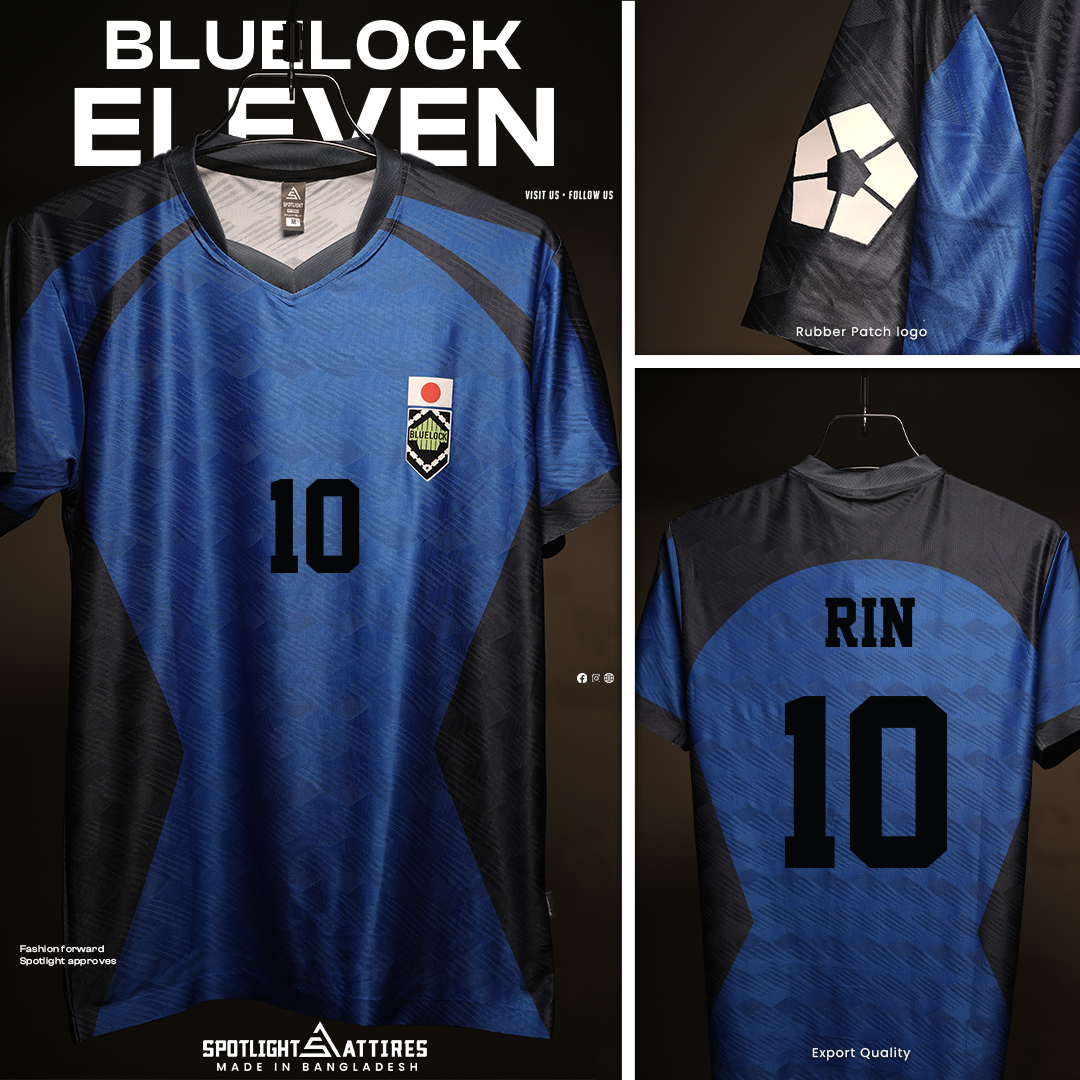 Picture of Spotlight Attires Blue Jacquard Fabric Rin's Blue Lock Short Sleeve Jersey For Men (Player Version)