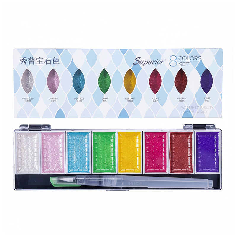 Picture of Superior Water colour Cake Paint 8  Metallic, Pearl  & Pigmented Color Box With 1pc Water brush Pen for Professional Watercolor Painting