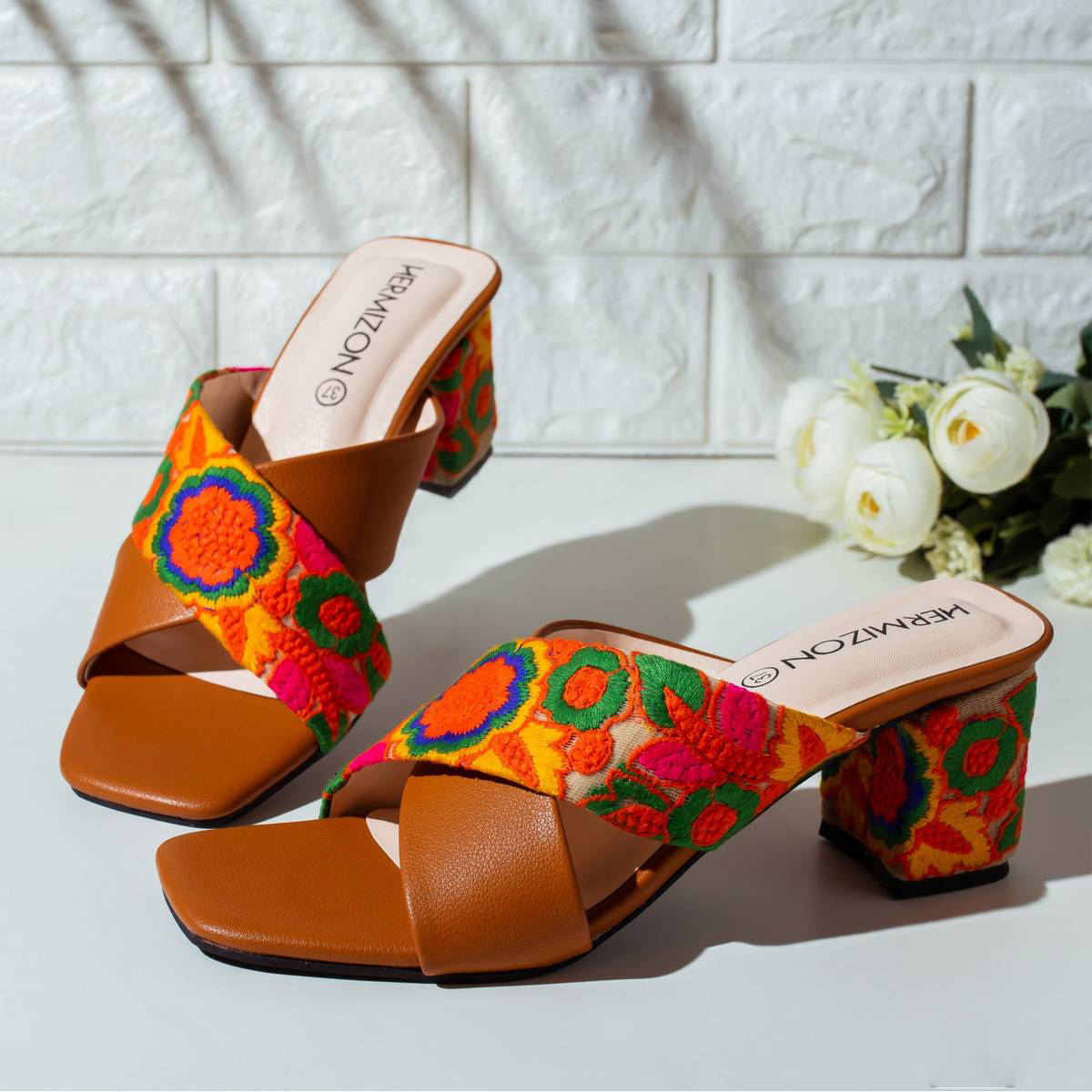 Picture of Mustard Faux Leather Primrose Block Heel Sandals for Women - Shoe For Women