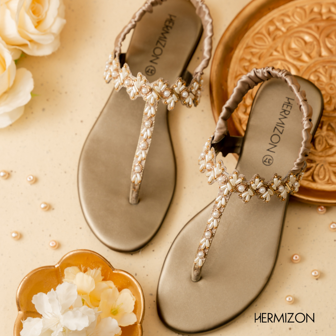 Picture of Hermizon Rayna Handwork Golden Color Flat Belt Sandals for Women