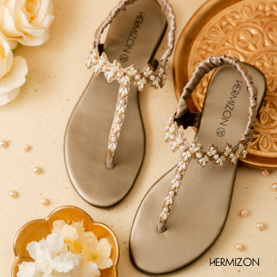 Picture of Hermizon Rayna Handwork Golden Color Flat Belt Sandals for Women