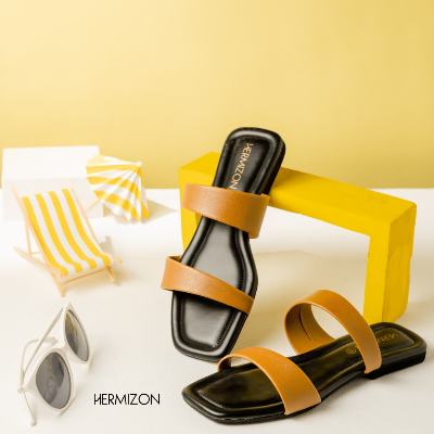 Picture of Hermizon Alice Golden / Brown Summer Women's Sandals/Slippers/Flats/Slip Ons