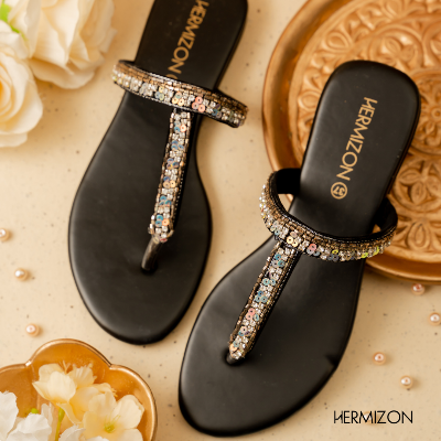 Picture of Hermizon Inara Black Summer Women's Sandals/Slippers/Flats/Slip Ons