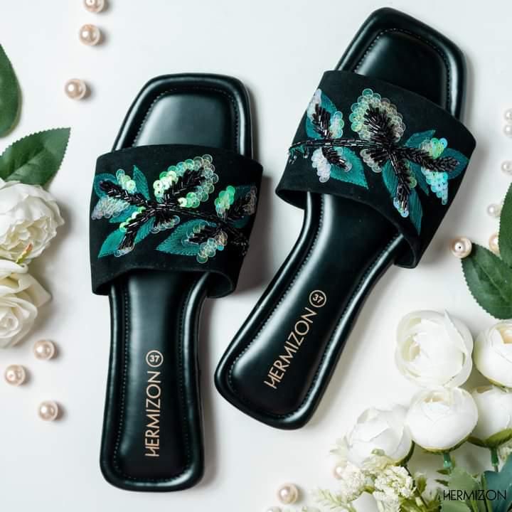 Picture of Hermizon Betsy Patterson Black & Green Summer Women's Sandals/Slippers/Flats/Slip Ons