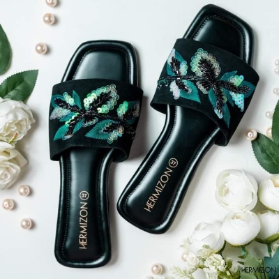 Picture of Hermizon Betsy Patterson Black & Green Summer Women's Sandals/Slippers/Flats/Slip Ons