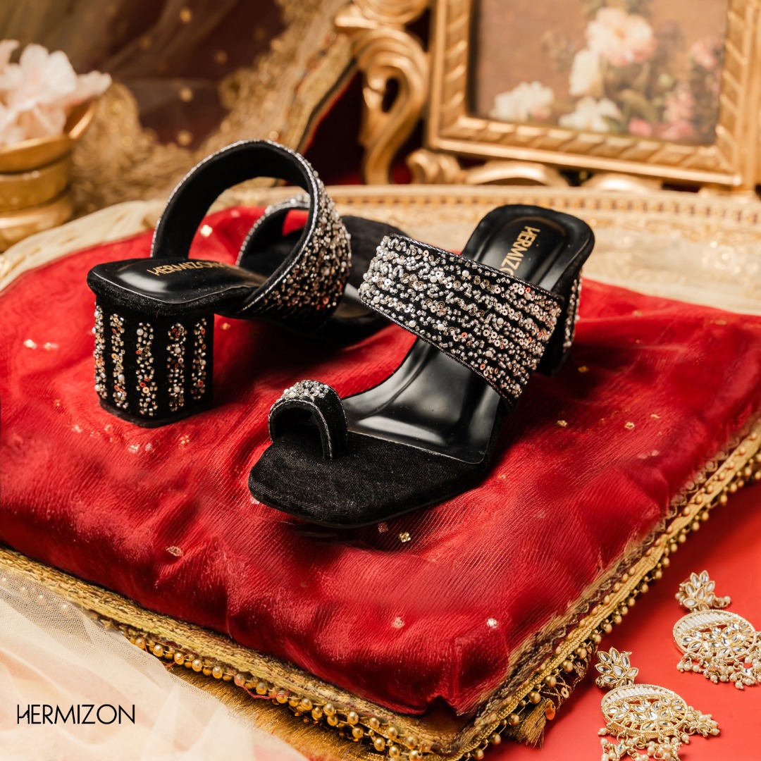 Picture of Hermizon Teresa Black Velvet Crystal Embellished Fashion Block Heel  Sandals for Women