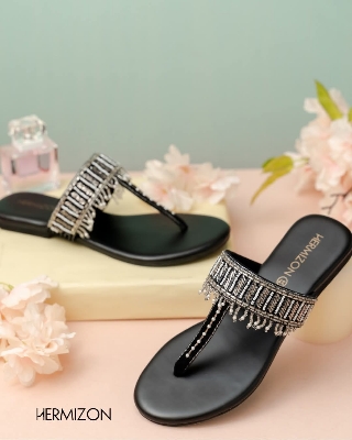 Picture of Hermizon Selma Black & Silver Colour Summer Women's Sandals/Slippers/Flats/Slip Ons