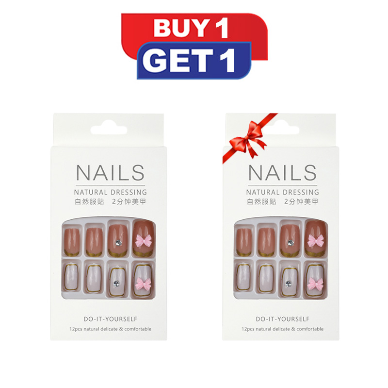 Picture of Natural Dressing Fake Nails Square Head White and pink bow Nail (Buy 1 Get 1 Free)