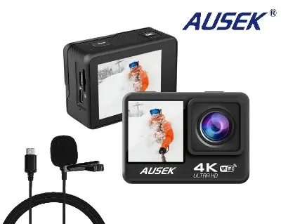 Picture of Ausek Q60TR 4K Ultra HD Touch Dual Screen Selfie-Time Action Camera with Extranal Microphone, Remote & EIS
