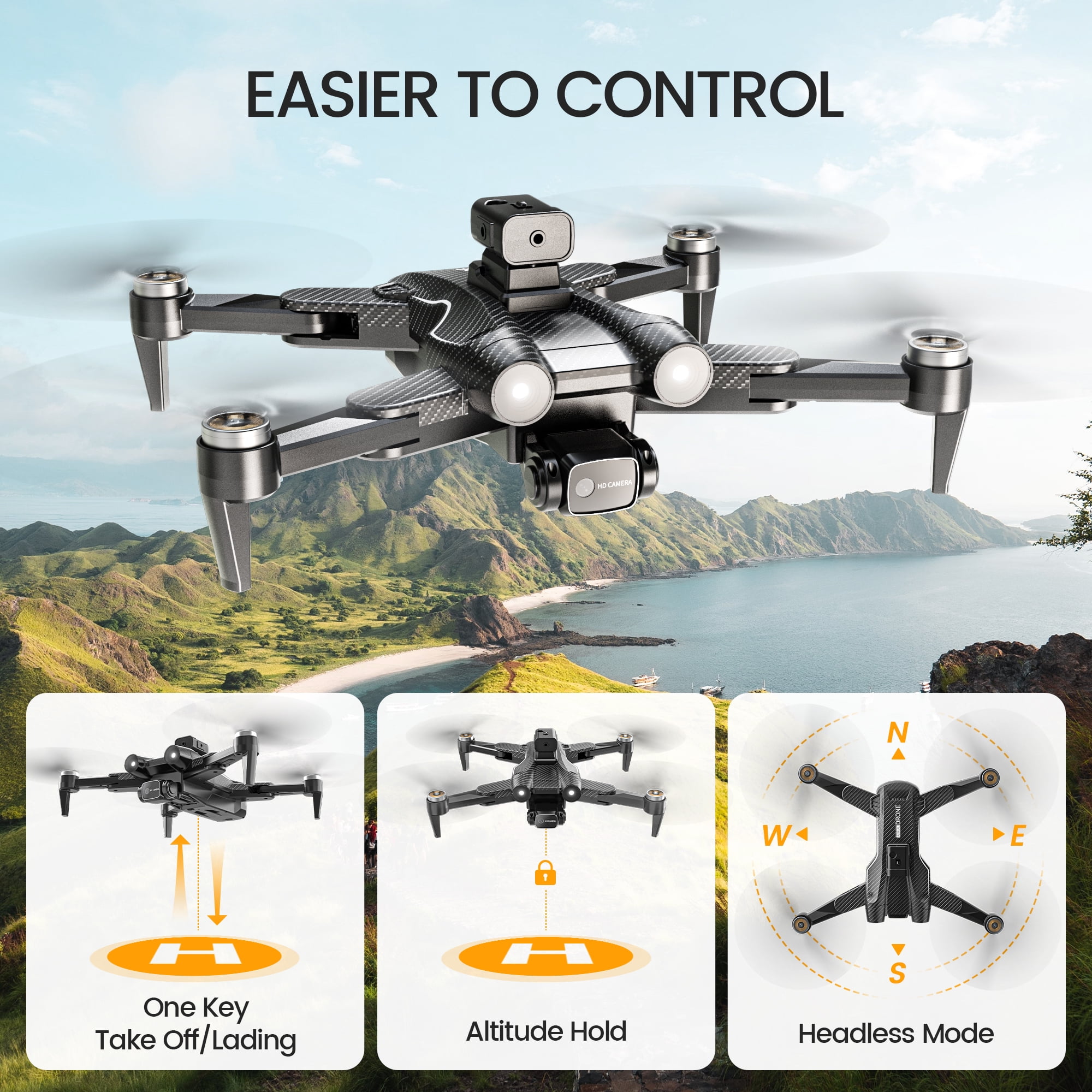 Picture of Sensor Drone with Camera 4K for Adults and Beginners, FPV RC Quadcopter with Brushless Motor,Optical Flow Sensor, 2 Batteries, Black DG