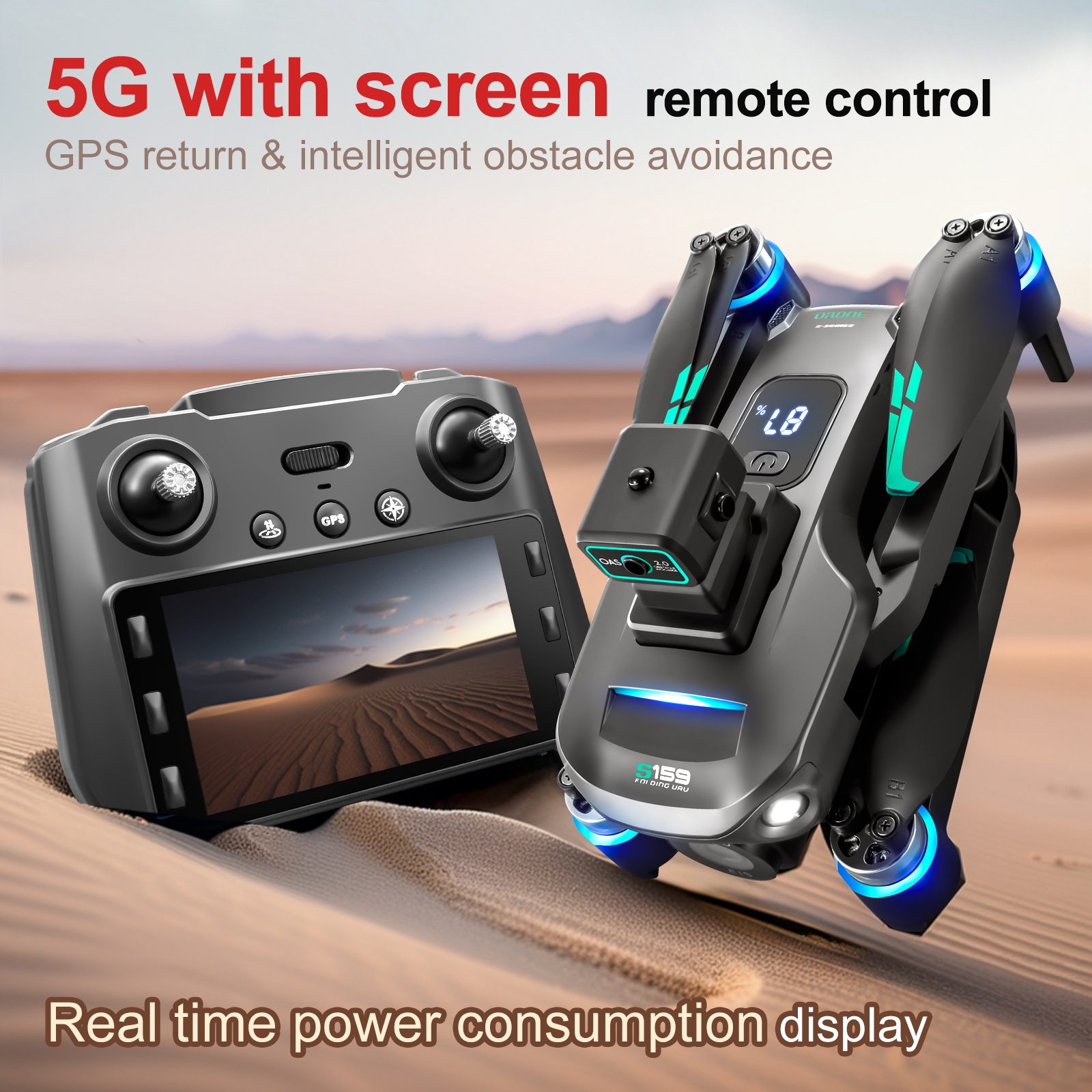Picture of (REMOTE DIPLAY) 5G WIFI FPV G.P.S Quadcopter Drone 4K HD Dual Cameras Obstacle Avoidance LED Large Screen Remote RC Drone DH