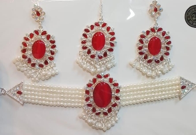 Picture of akik stone choker necklaces with tikli and ear rinngs . women jewellery , ornaments choker