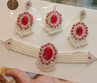 Picture of akik stone choker necklaces with tikli and ear rinngs . women jewellery , ornaments choker