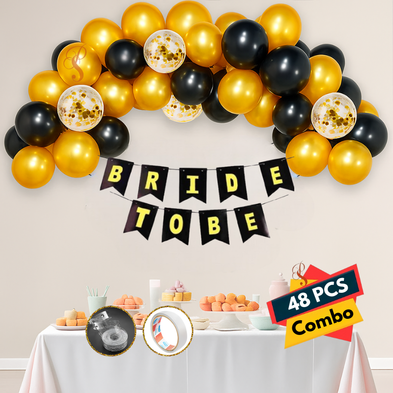 Bride To Be Party Decoration Package – Banner with Golden & Black Metallic Balloons, Confetti Balloons & Arch Kit (48 Pieces)