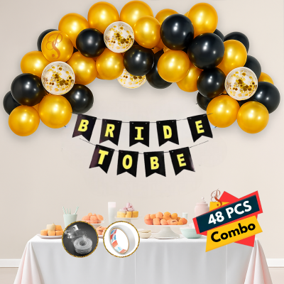 Bride To Be Party Decoration Package – Banner with Golden & Black Metallic Balloons, Confetti Balloons & Arch Kit (48 Pieces)