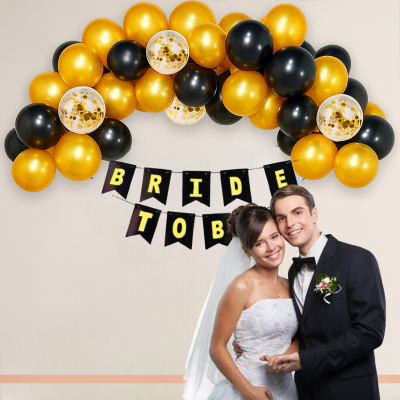 Bride To Be Party Decoration Package – Banner with Golden & Black Metallic Balloons, Confetti Balloons & Arch Kit (48 Pieces)