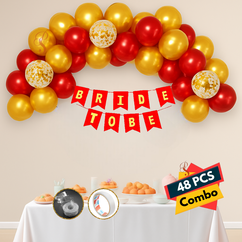 Bride To Be Party Decoration Package – Banner with Golden & Red Metallic Balloons, Confetti Balloons & Arch Kit (48 Pieces)