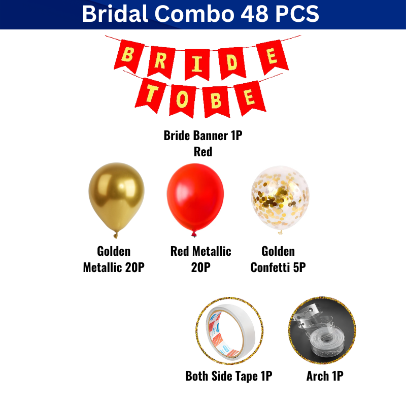Bride To Be Party Decoration Package – Banner with Golden & Red Metallic Balloons, Confetti Balloons & Arch Kit (48 Pieces)