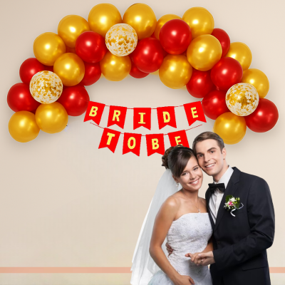 Bride To Be Party Decoration Package – Banner with Golden & Red Metallic Balloons, Confetti Balloons & Arch Kit (48 Pieces)