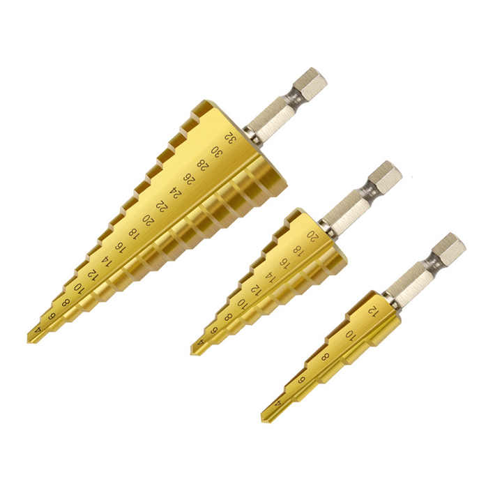Picture of High Speed Steel Titanium Coated Step Drill Bits 3Pcs Titanium Step Drill Bit Set for Plastic Wood-GND-X1000256