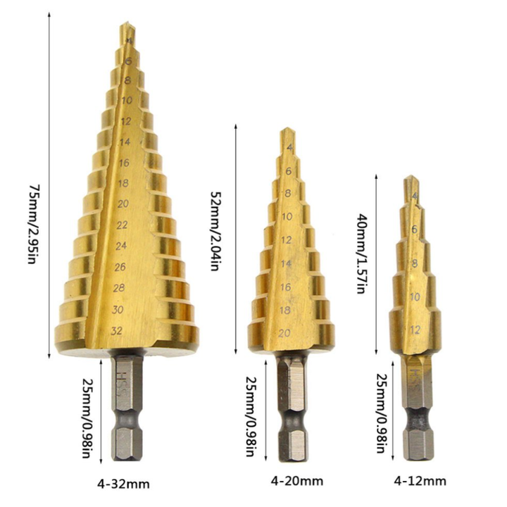 Picture of High Speed Steel Titanium Coated Step Drill Bits 3Pcs Titanium Step Drill Bit Set for Plastic Wood-GND-X1000256