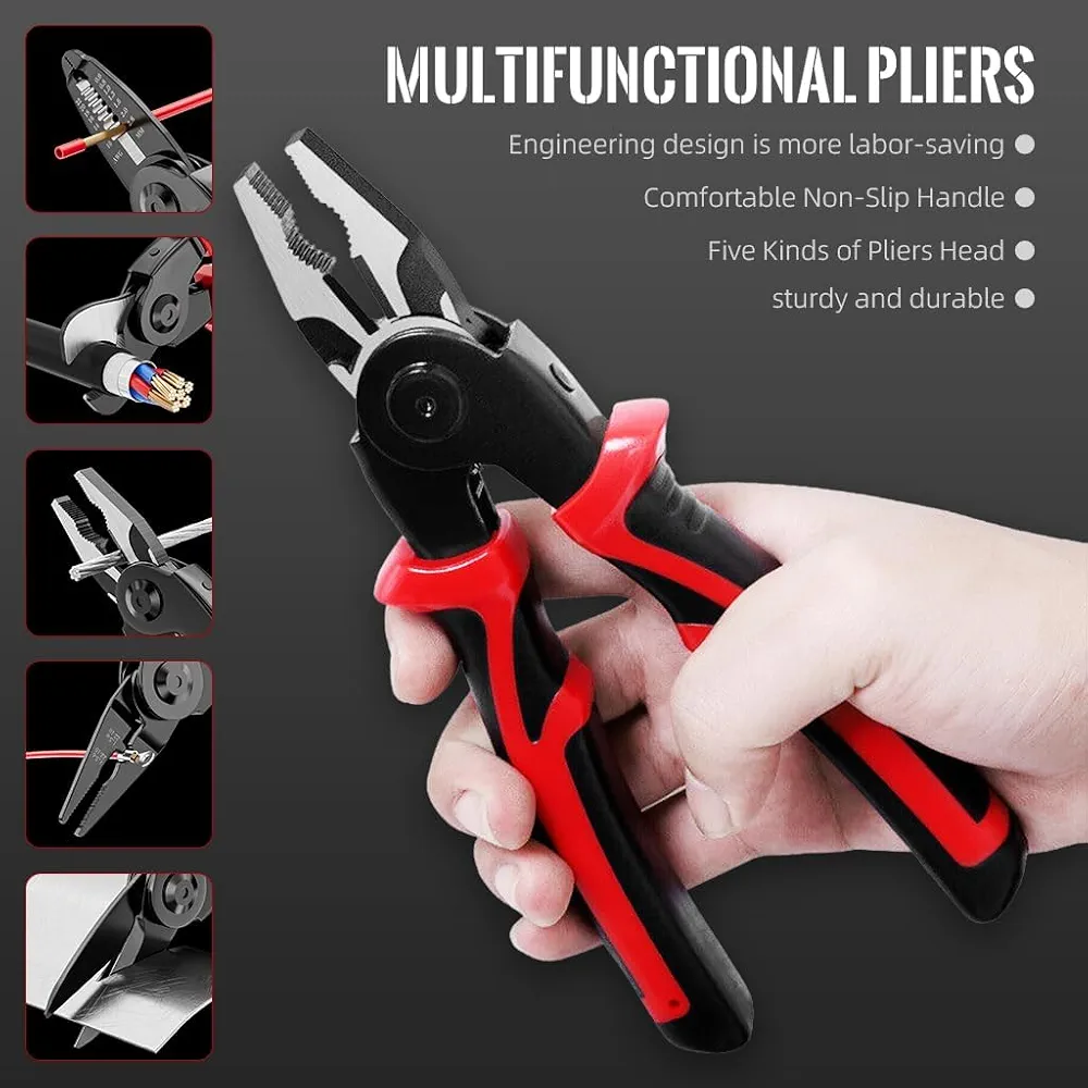 Picture of EAFIXS 5 Head Plier 5-In-1 Multifunctional Wire Stripper, Combination Interchangeable Pliers Kit, Wire Stripper, Wire Crimping Tool, Linesman Pliers, Cable Cutter, Electricians Scissor with Storage Case