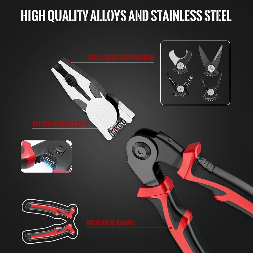 Picture of EAFIXS 5 Head Plier 5-In-1 Multifunctional Wire Stripper, Combination Interchangeable Pliers Kit, Wire Stripper, Wire Crimping Tool, Linesman Pliers, Cable Cutter, Electricians Scissor with Storage Case