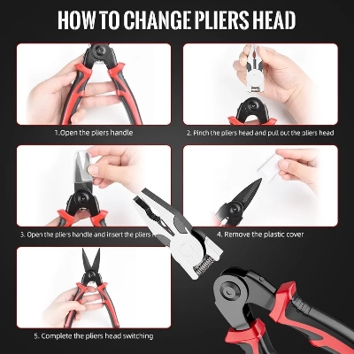 Picture of EAFIXS 5 Head Plier 5-In-1 Multifunctional Wire Stripper, Combination Interchangeable Pliers Kit, Wire Stripper, Wire Crimping Tool, Linesman Pliers, Cable Cutter, Electricians Scissor with Storage Case