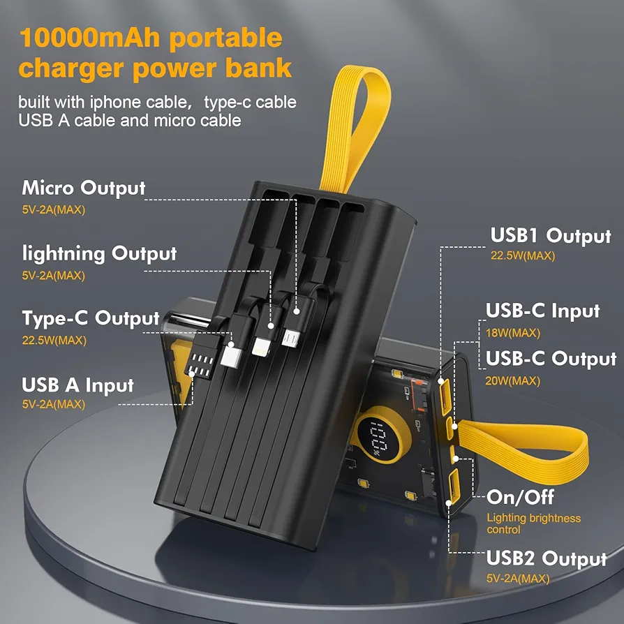 Picture of ⚡ Portable Charger 10000mAh – 22.5W Fast Charging Power Bank with Built-in Cables