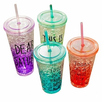 Picture of Coloring Slider Double Wall Insulated Summer Water & Juice Pots Ice Straw Cup for Fruit Juice -Multicolor