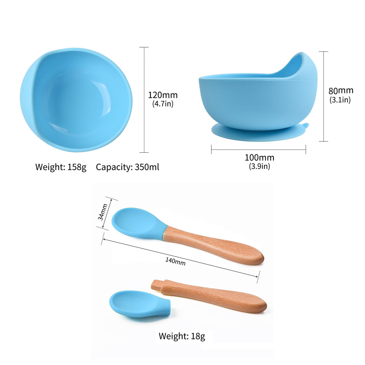 Picture of Pack of 3pcs Silicone Kids Dining Suction Bowl Baby Spoons Feeding Set for Infant Toddler Children Baby Feeding Set