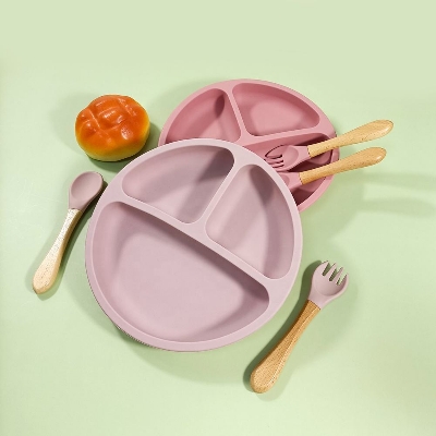 Picture of Food Grade Silicone Baby Tableware Set Soft Non-Slip Feeding Plate Sucker 3-Piece Dinner Spoon Fork Plate Set for Kids Dining