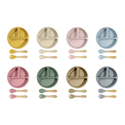 Picture of Food Grade Silicone Baby Tableware Set Soft Non-Slip Feeding Plate Sucker 3-Piece Dinner Spoon Fork Plate Set for Kids Dining