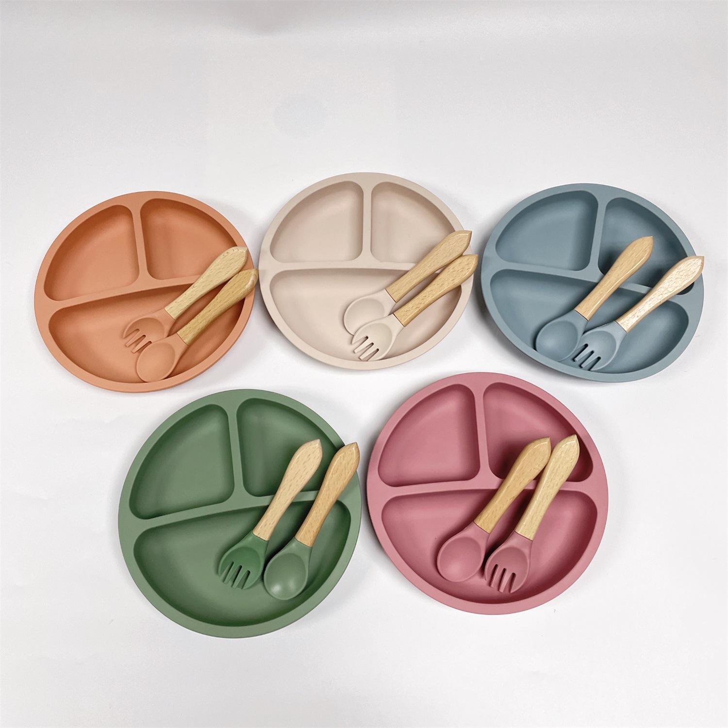 Picture of Food Grade Silicone Baby Tableware Set Soft Non-Slip Feeding Plate Sucker 3-Piece Dinner Spoon Fork Plate Set for Kids Dining