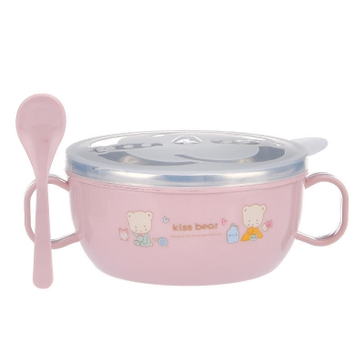 Picture of Baby Feeding Bowl with Lids Stainless Steel double-layered Insulated Bowl Spoon Set Children Tableware Cartoon Printed Easy To Clean Children Food Bowl 1pcs