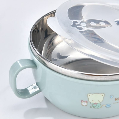 Picture of Baby Feeding Bowl with Lids Stainless Steel double-layered Insulated Bowl Spoon Set Children Tableware Cartoon Printed Easy To Clean Children Food Bowl 1pcs