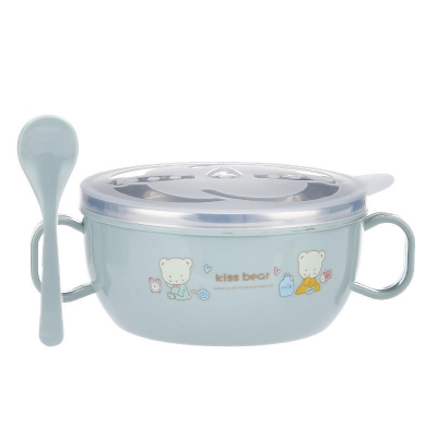 Picture of Baby Feeding Bowl with Lids Stainless Steel double-layered Insulated Bowl Spoon Set Children Tableware Cartoon Printed Easy To Clean Children Food Bowl 1pcs