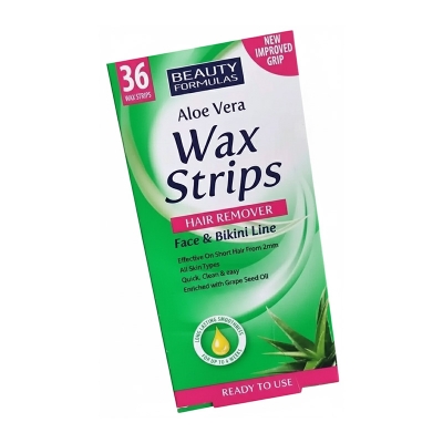 Picture of Beauty Formulas Hair Removal Aloe Vera Wax Stripes- Face & Bikini Line 36 Wax Strips