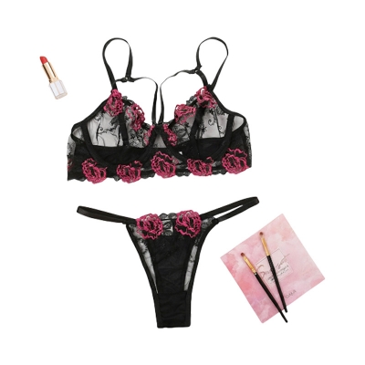 Picture of Ladies comfortable lace embroidered Black with Pink Flower 2 Pieces Set for Women