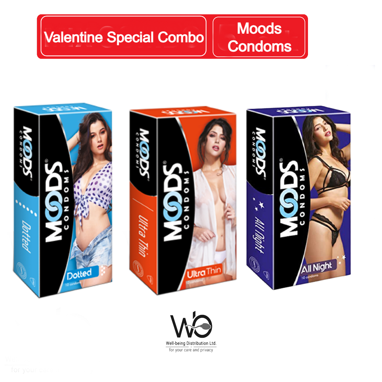 Picture of Valentine Special Combo Pack - Moods Condom Combo - 10pcs All Night, 10pcs Dotted and 10pcs Ultra Thin Condom