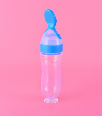 Picture of 1pcs Multicolor 90ml Hard Spoon Feeder with Stand Normal Silicone Baby Food Dispensing Feeder with Spoon Travel Baby Training Bottle with Spoon Soft Head Baby Feeding Tools Kids