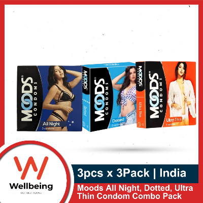 Picture of Moods Condom Combo 3pcs x 3pack- Moods All Night, Dotted & Ultra Thin Condom for Men | India
