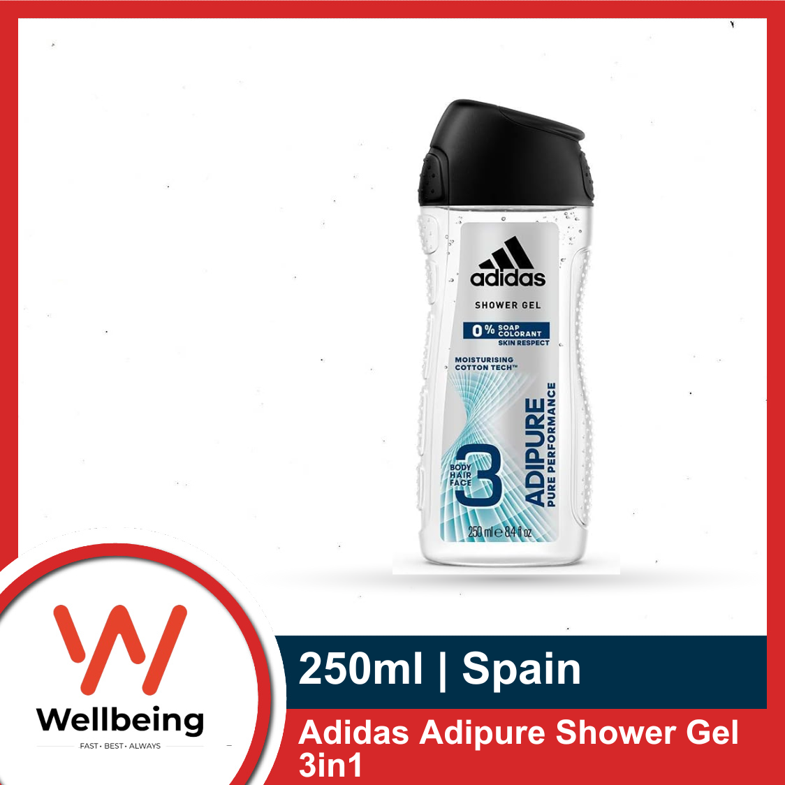 Picture of adidas adipure 3-in-1 Shower Gel for Men 250ml - Gentle Cleansing of Body, Hair & Face - pH Skin-Friendly | Spain