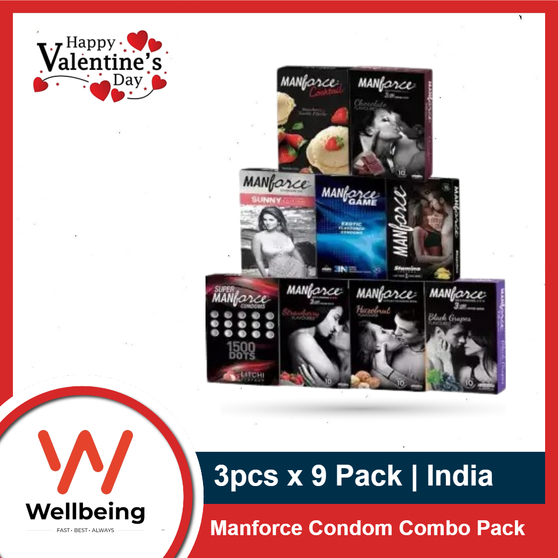 Picture of Valentine Day Special Combo Pack | Manforce 3pcs x9 Pack Combo Chocolate, Strawberry, Litchi, Black Grape, Cocktail Vanilla-Strawberry, Hazelnut-Chocolate, Stamina Orange, Sunny, Game Flavor Dotted Condom | Condom Combo for Valentine Lover Married Couple